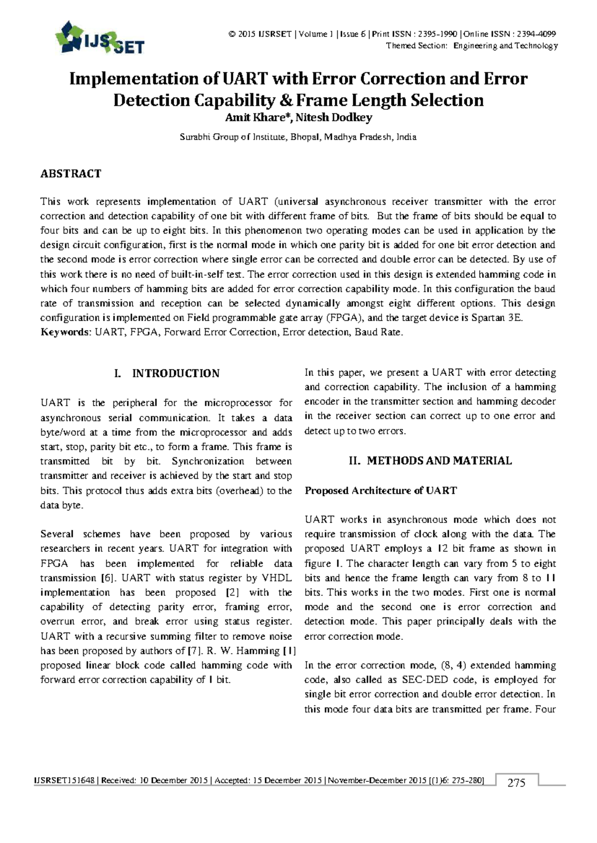Implementation of UART with Error Correction: IJSRSET 2015 Study - Studocu