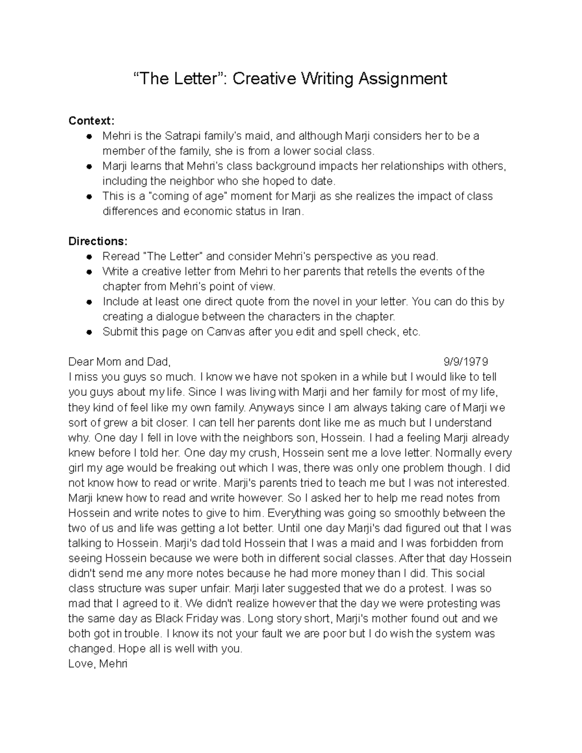 Creative Writing: The Letter from Mehri's Perspective (ENG 101) - Studocu