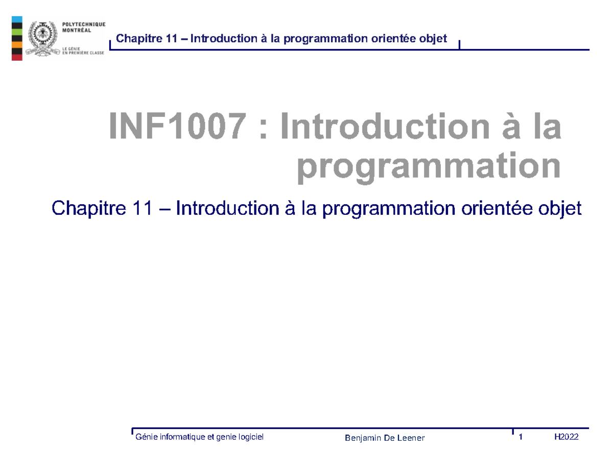 INF1007 Chapitre 11 – Programmation Orientée Objet en Python - Studocu