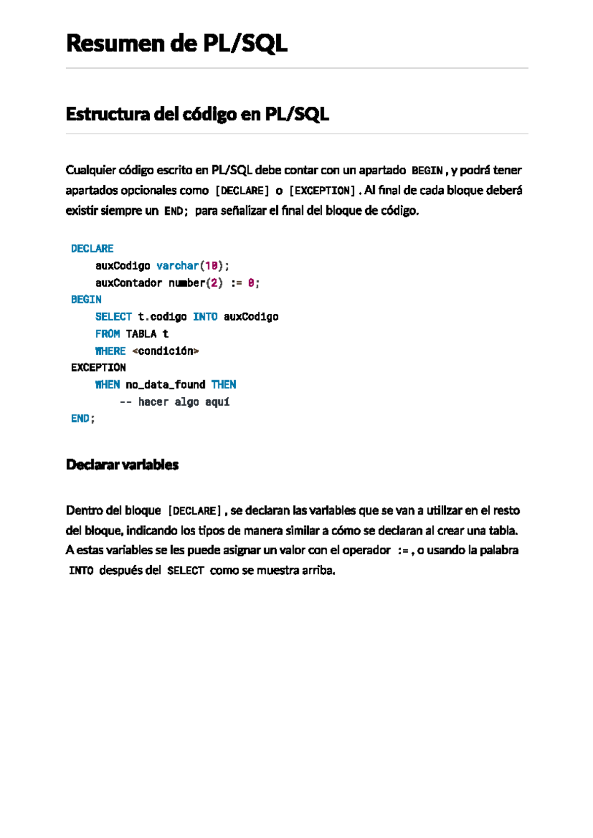 Resumen PL/SQL para prácticas - Resumen de Estructura del código en ...