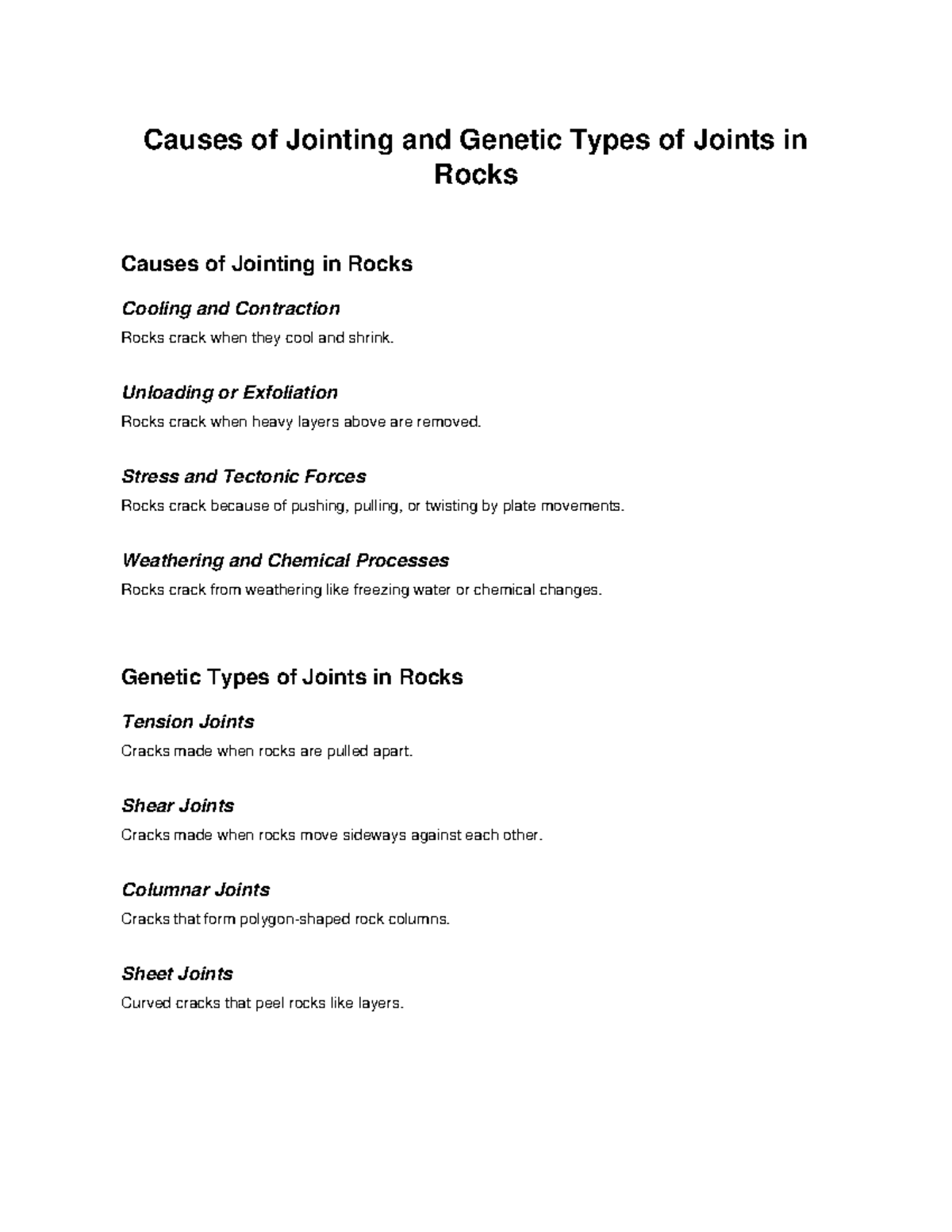 Geological Study: Causes & Types of Joints in Rocks - Studocu