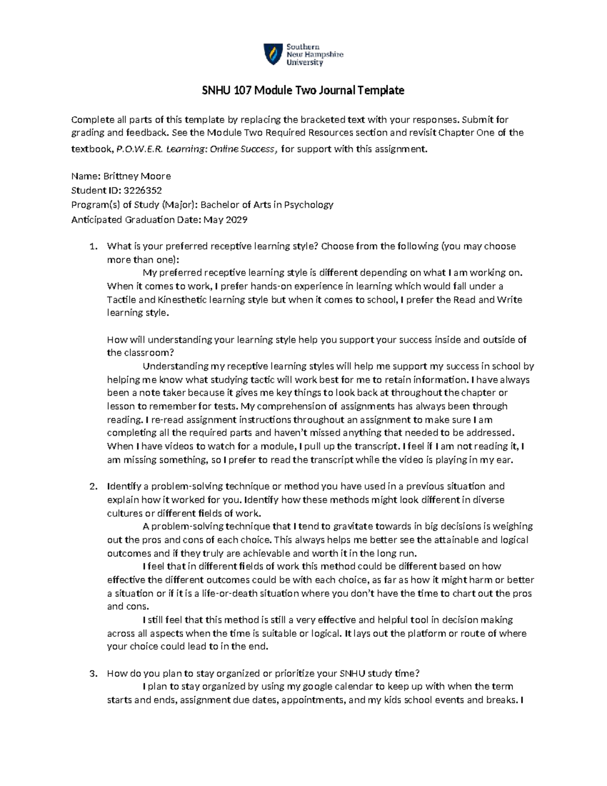 SNHU 107 Module Two Journal: Exploring Learning Styles and Organization ...