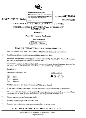 CAPE Biology 2018 Unit 2 Paper 1 Test Instructions and Solutions - Studocu