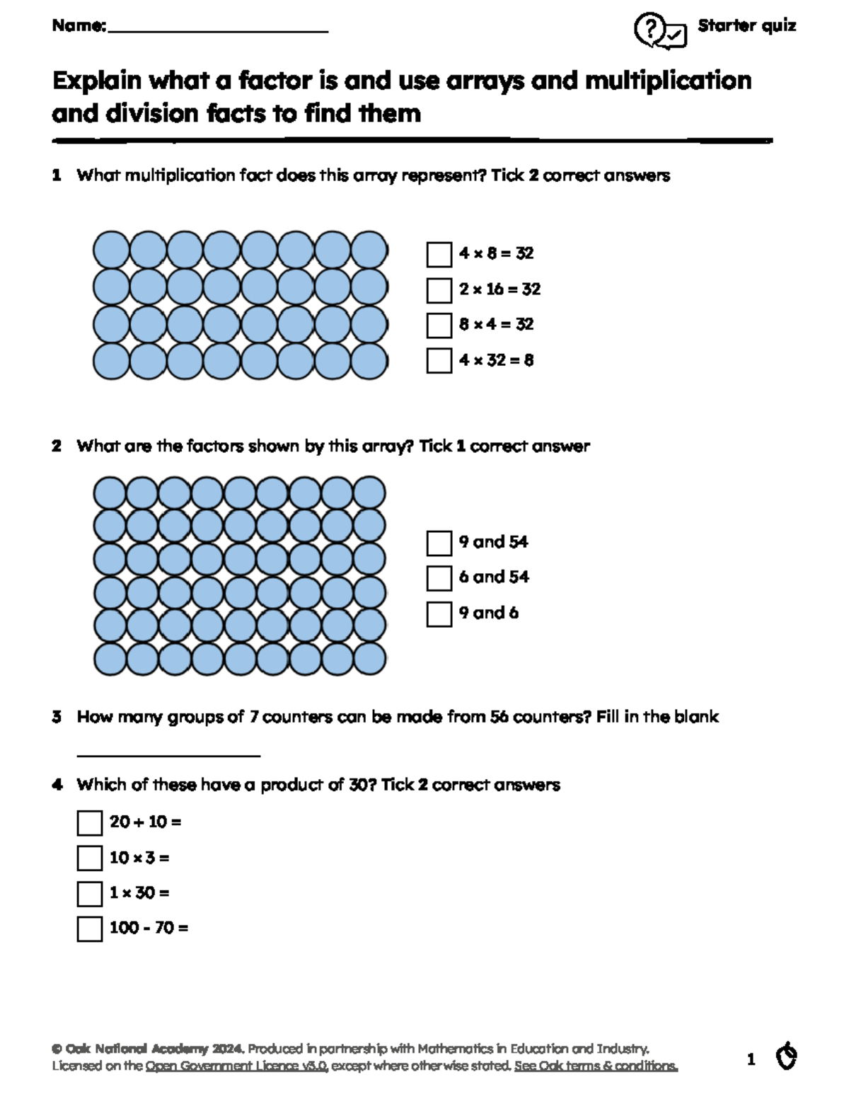 Starter Quiz: Understanding Factors with Arrays & Multiplication - Studocu
