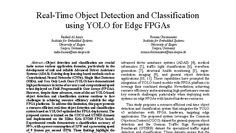 Object Detection and Classification Using YOLOv5 on Edge FPGAs (ENGR ...