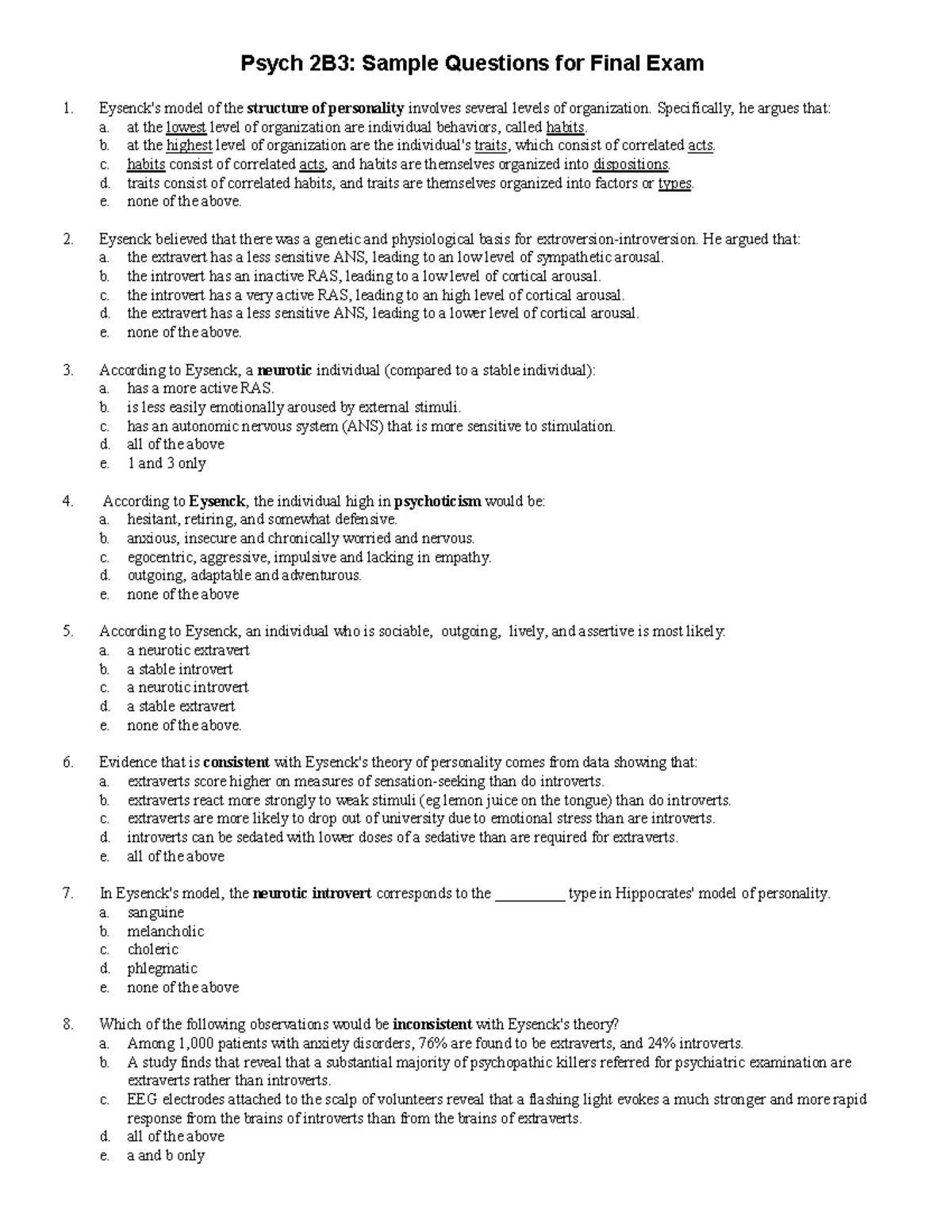 Final exam 2 2017, questions and answers - Psych 2B3: Sample Questions ...