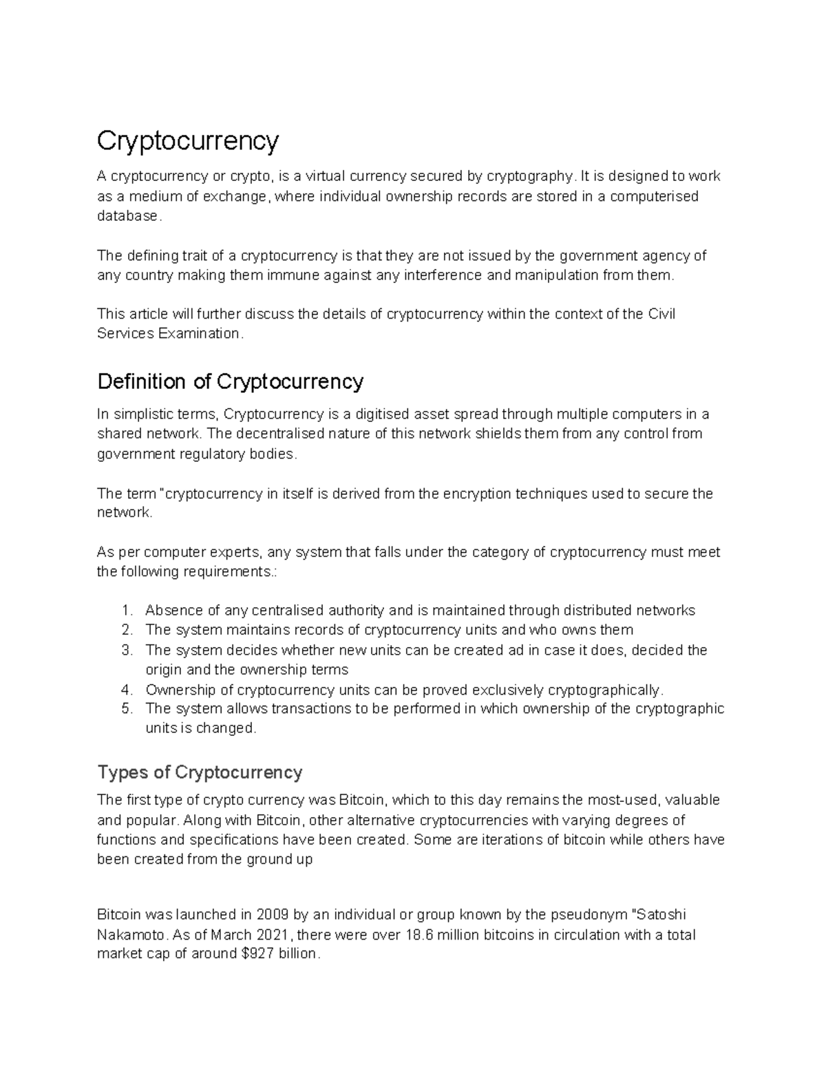 Cryptocurrency Basics: An Overview for Civil Service Exam Prep - Studocu