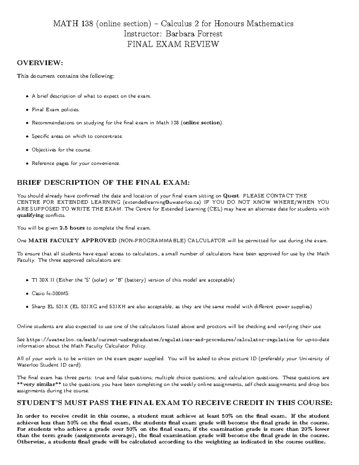 Final Exam Review - MATH 138 (online section) Calculus 2 for Honours ...