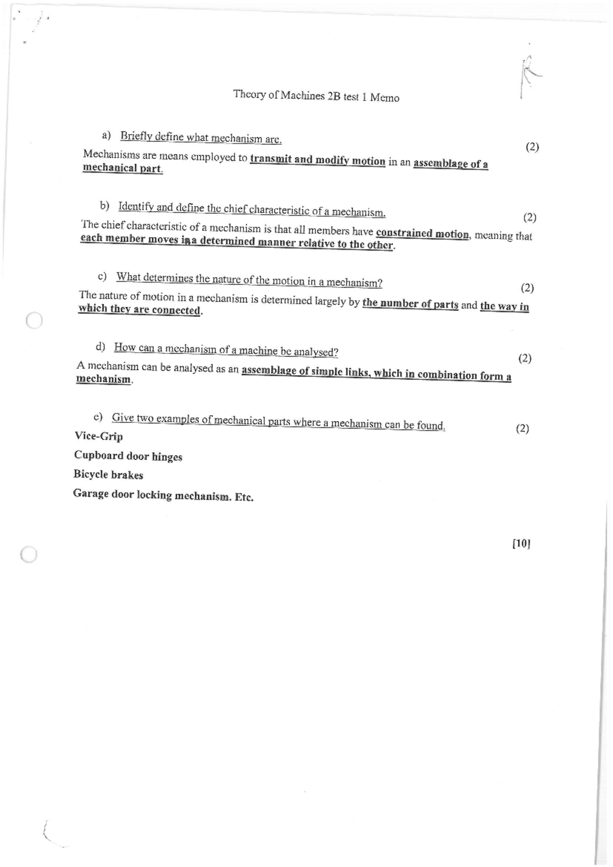 Theory of Machines 2B: Test 1 Memo & Mechanism Analysis Guide - Studocu