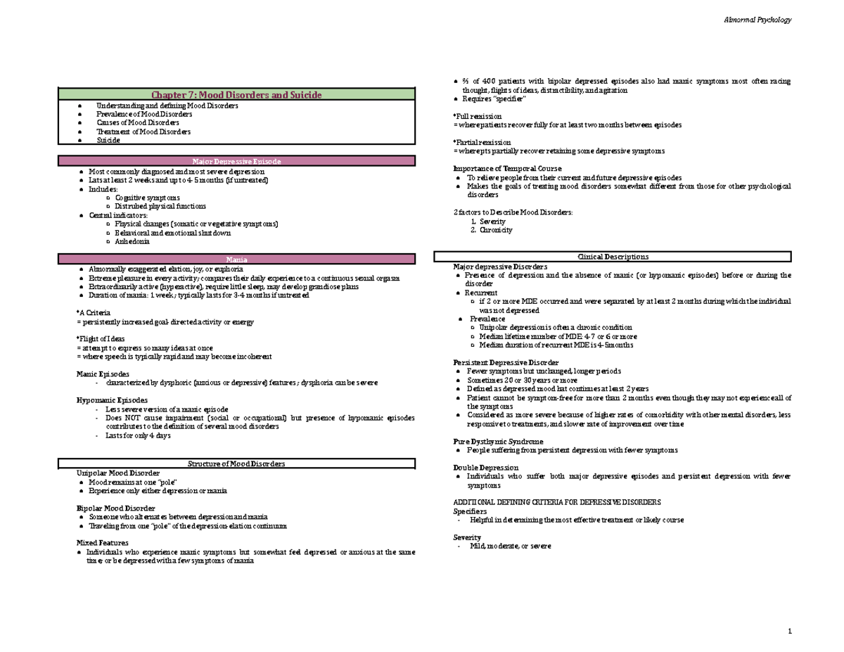 Ab Psych Final Exam Notes: Mood Disorders and Treatment - Studocu