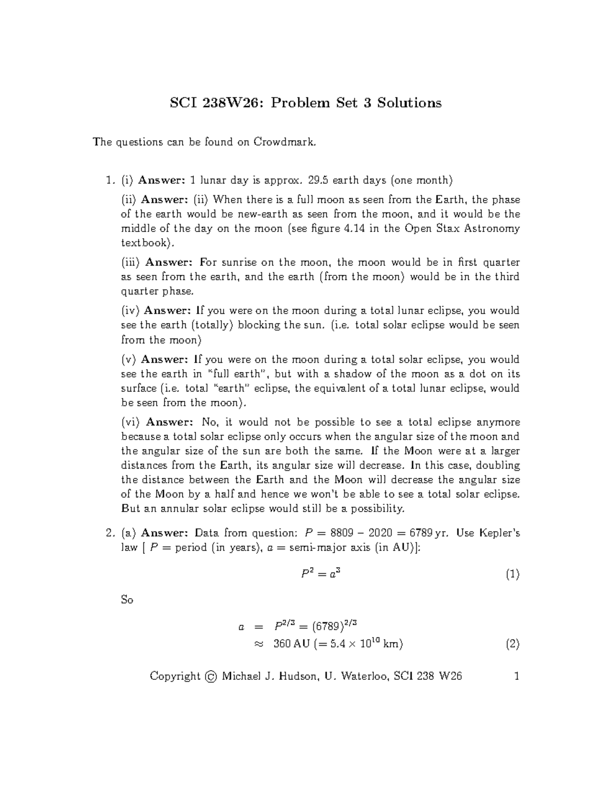 SCI 238W26: Solutions to Problem Set 3 on Lunar and Comet Orbits - Studocu