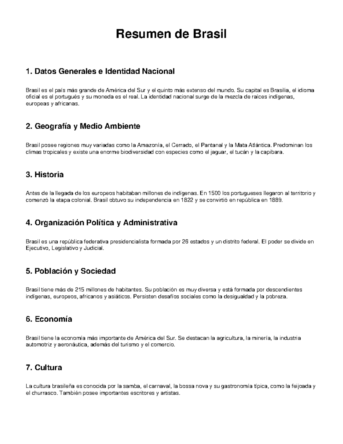 Resumen Brasil 1 - Reseña de Geografía y Cultura - Studocu