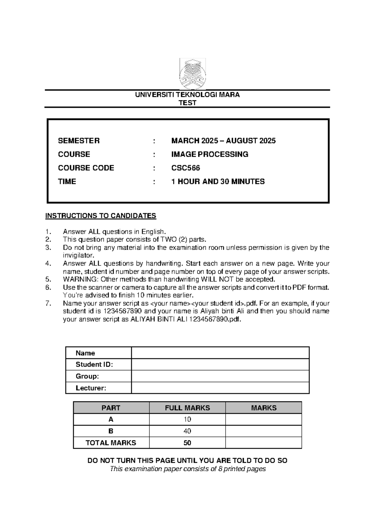 CSC566 Image Processing Semester Test March-August 2025 - Studocu