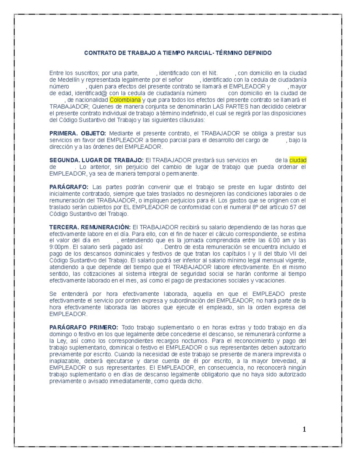 Contrato de Trabajo a Tiempo Parcial - Término Definido - Studocu