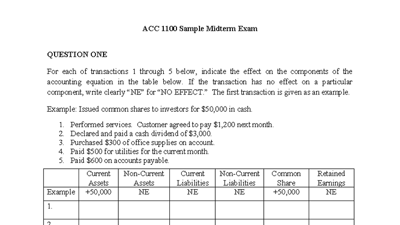 ACC 1100 Sample Midterm Exam with Solutions and Journal Entries - Studocu