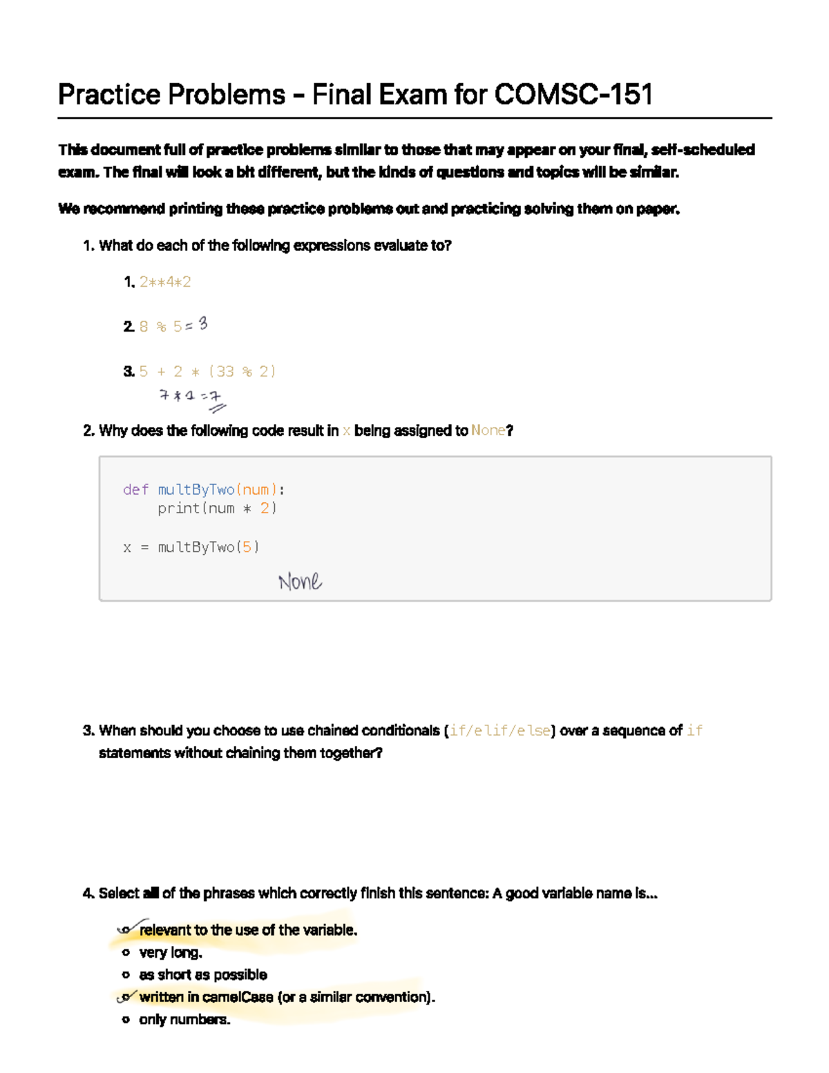 Final Practice Problems for SP25: Functions & Recursion - Studocu
