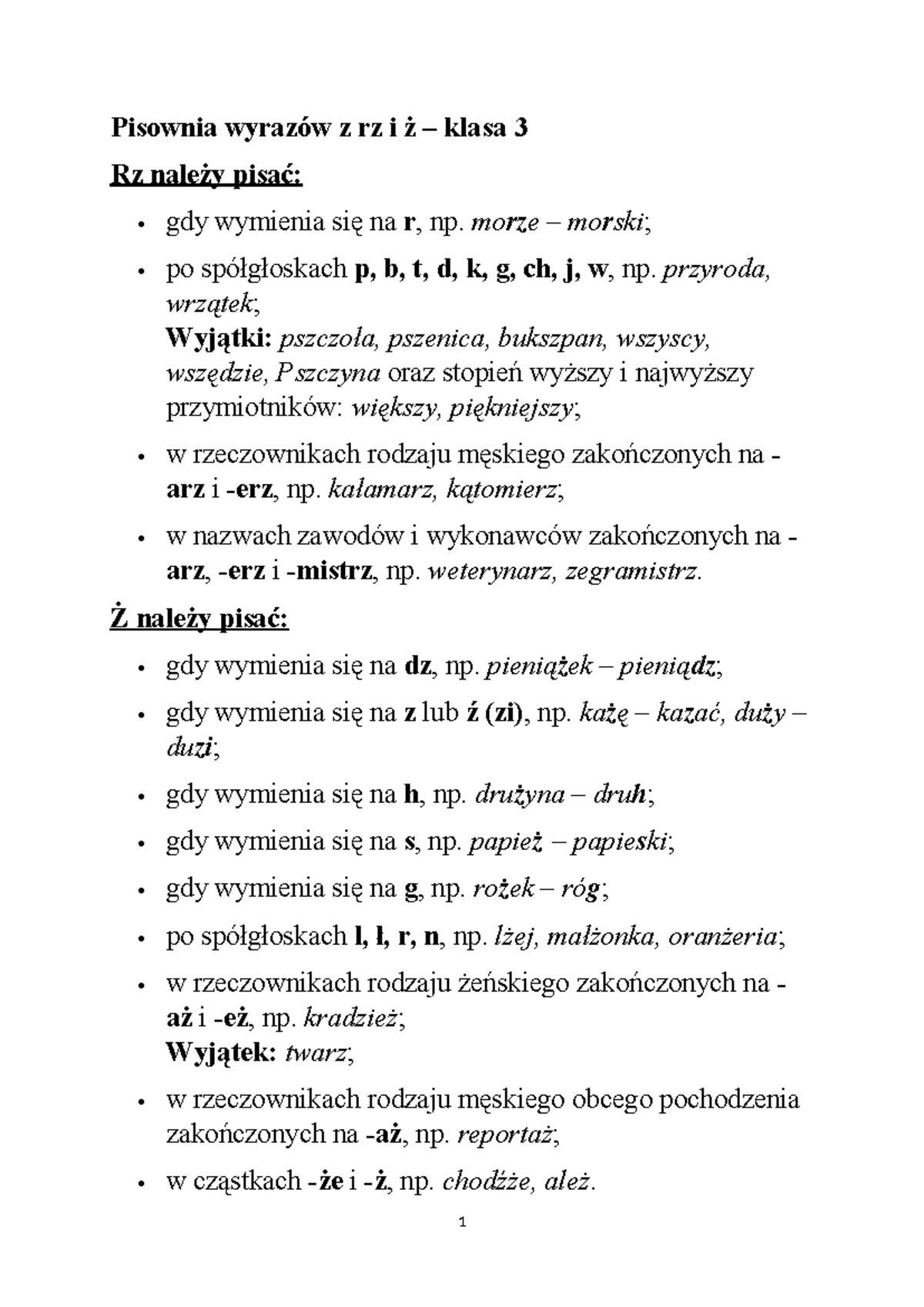 Ż i rz - ortografia klasa 3: Zasady pisowni i wyjątki - Studocu
