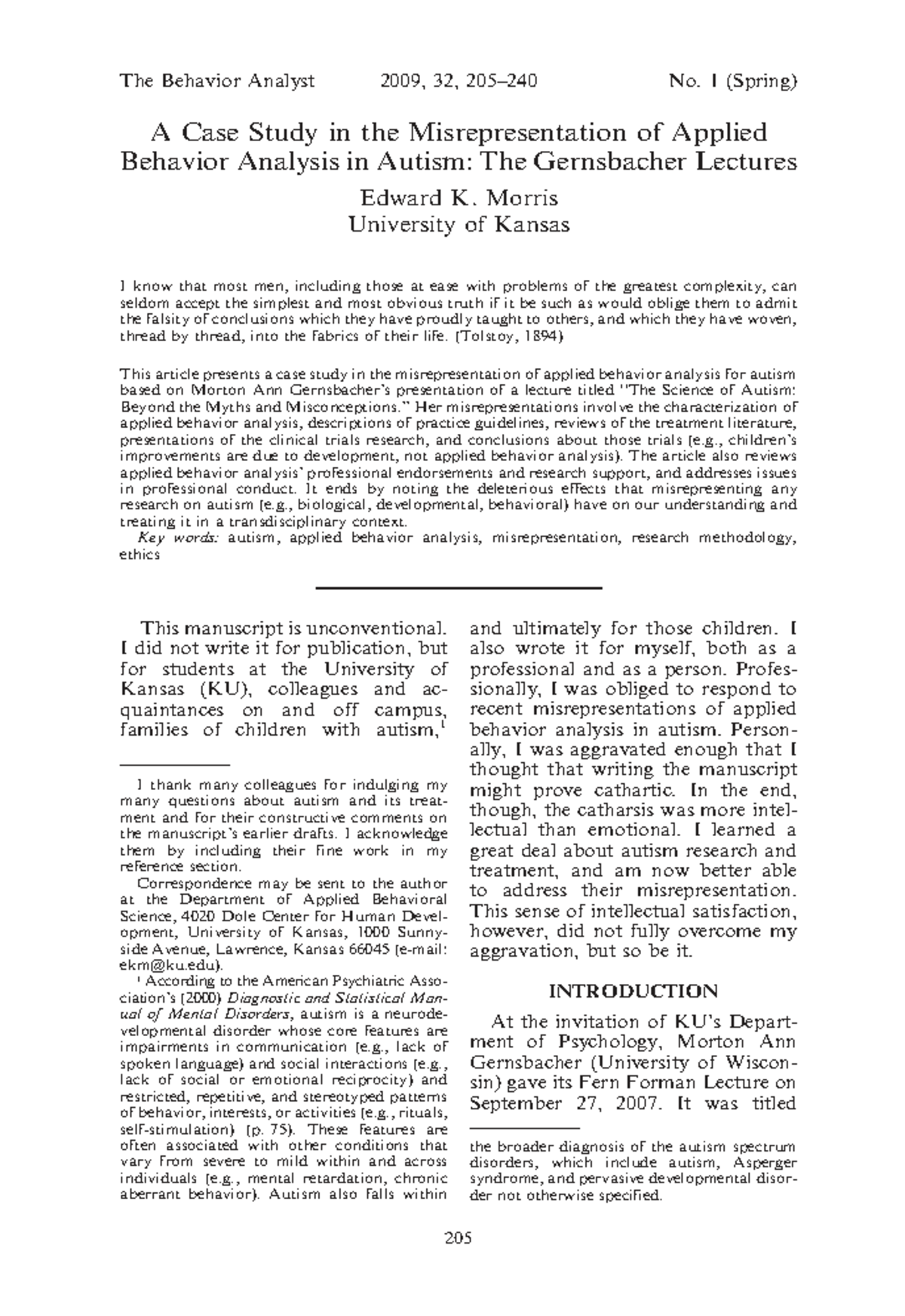 Misrepresentation of ABA in Autism: A Case Study Analysis (2009) - Studocu