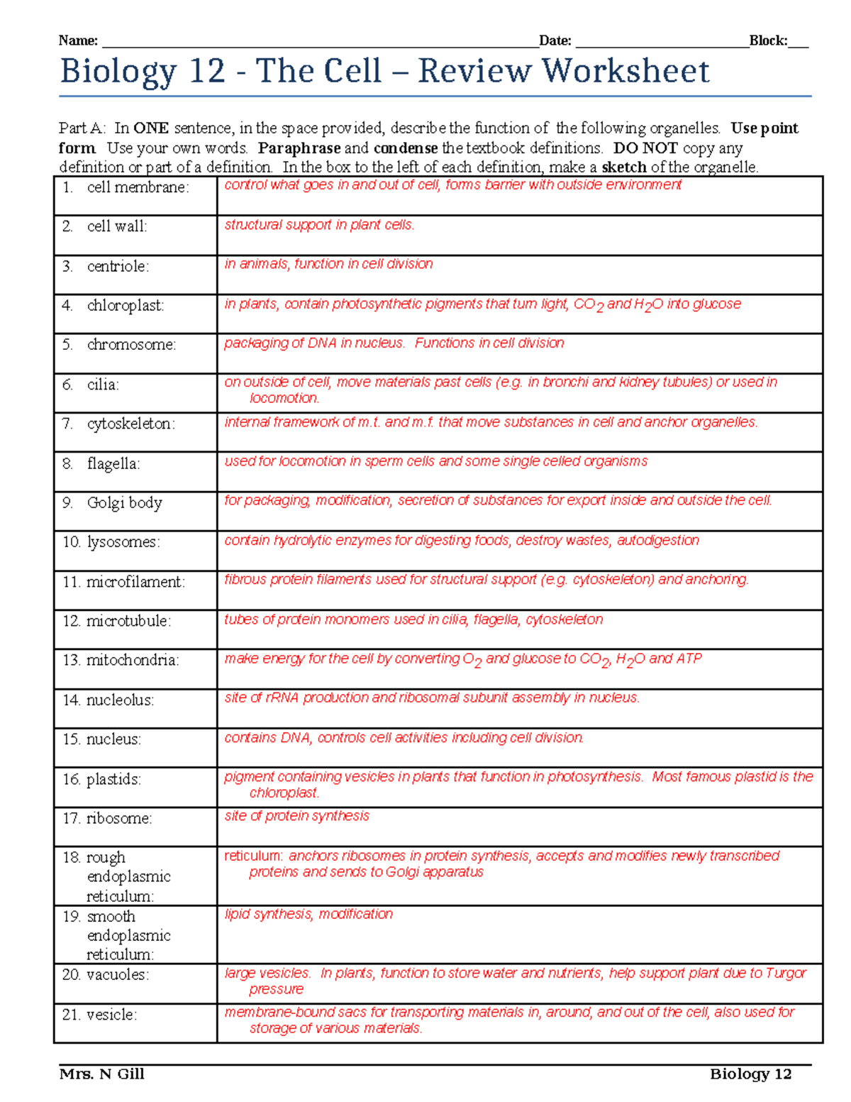 Biology 12 - Cell Structure & Membrane Transport Review Worksheet - Studocu