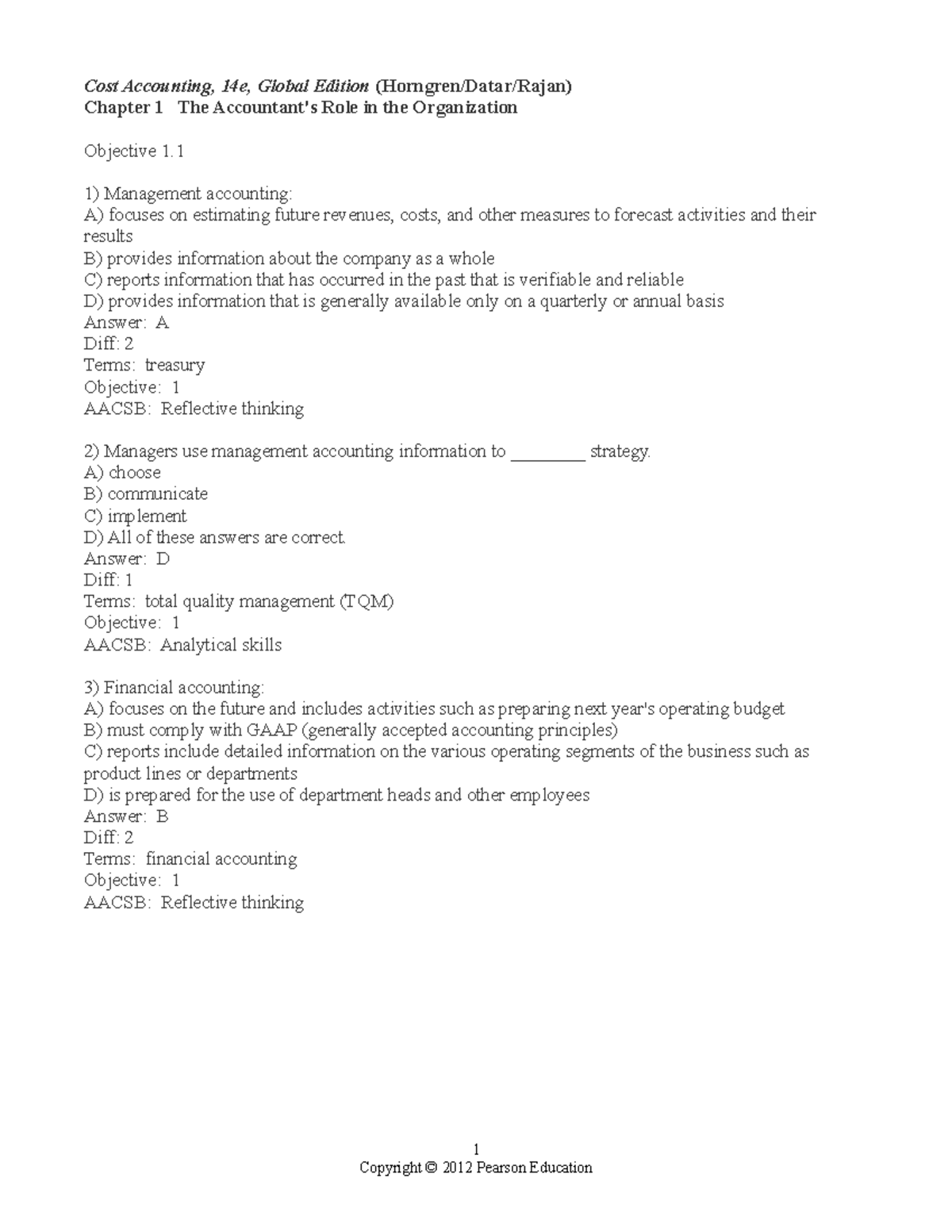 Chapter 1 - Test Bank for Cost Accounting Insights (ACC101) - Studocu