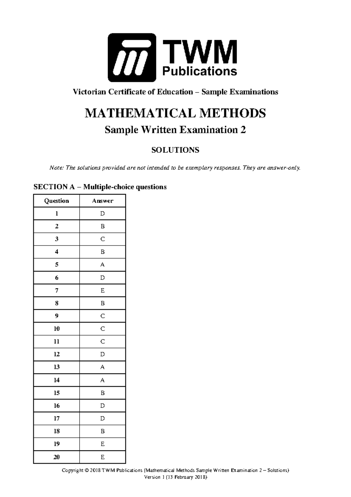 VCE Mathematical Methods 2018 Sample Exam 2 Solutions - Studocu