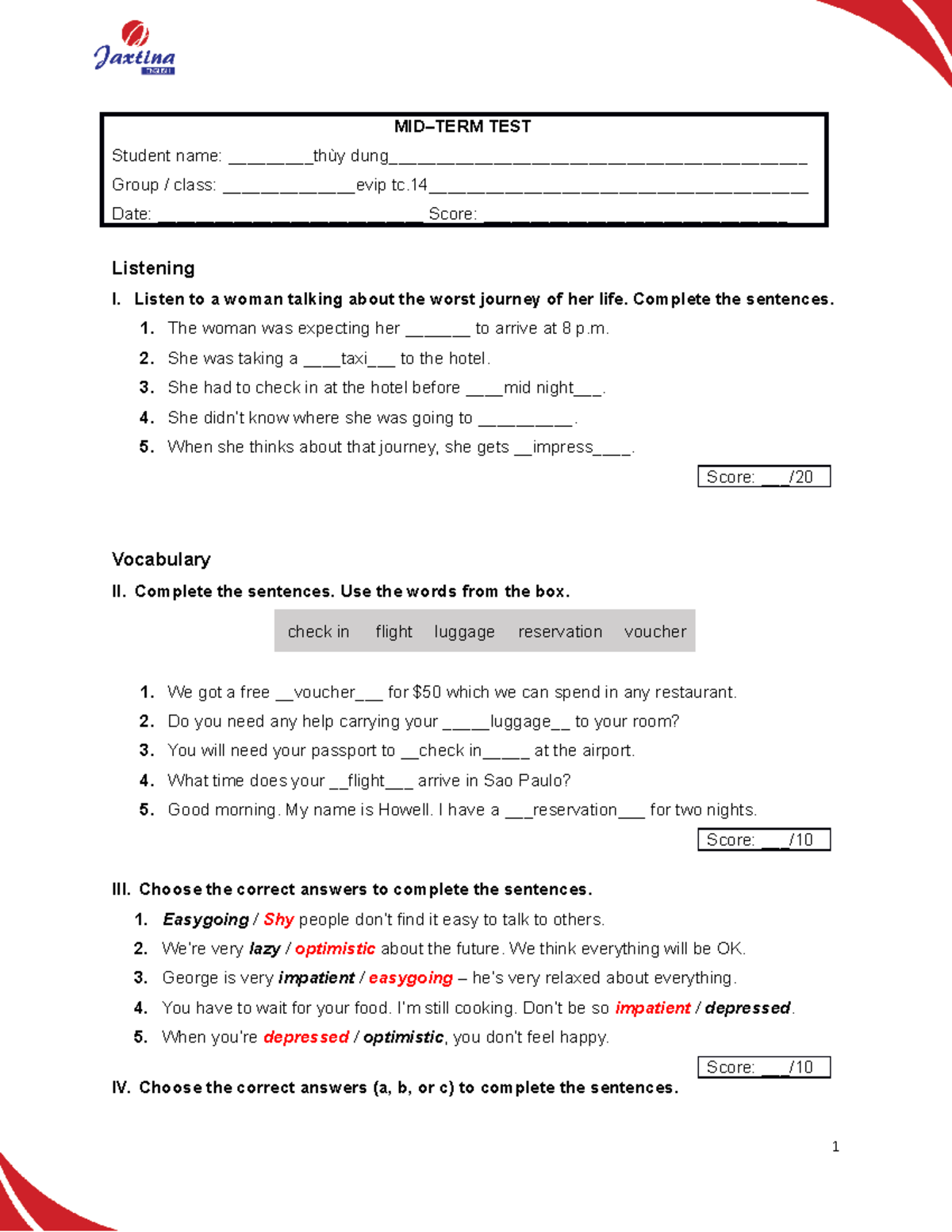 TC Midterm Test 1: Listening, Vocabulary, Grammar, and Writing - Studocu