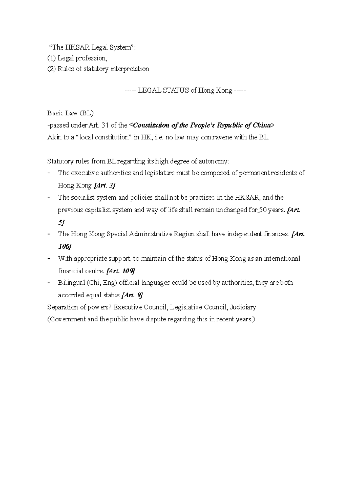 Main Themes of “The Hksar Legal System” - “The HKSAR Legal System”: (1 ...