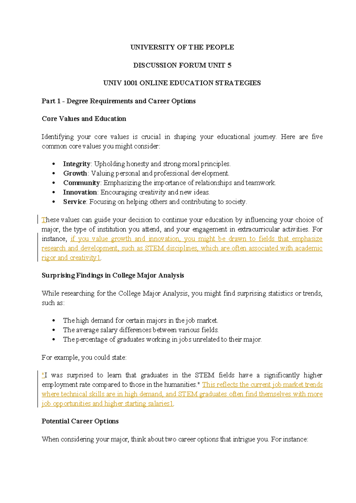 UNIV 1001 Discussion Forum Unit 5: Core Values & Career Options - Studocu