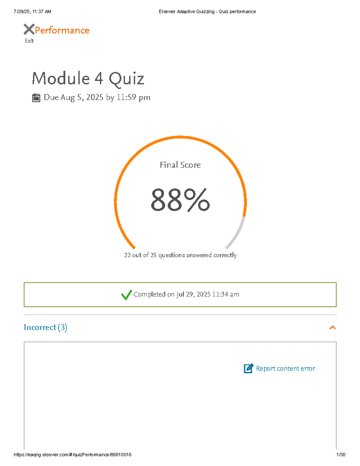 Elsevier Adaptive Quizzing: Module 4 Quiz Performance Analysis - Studocu