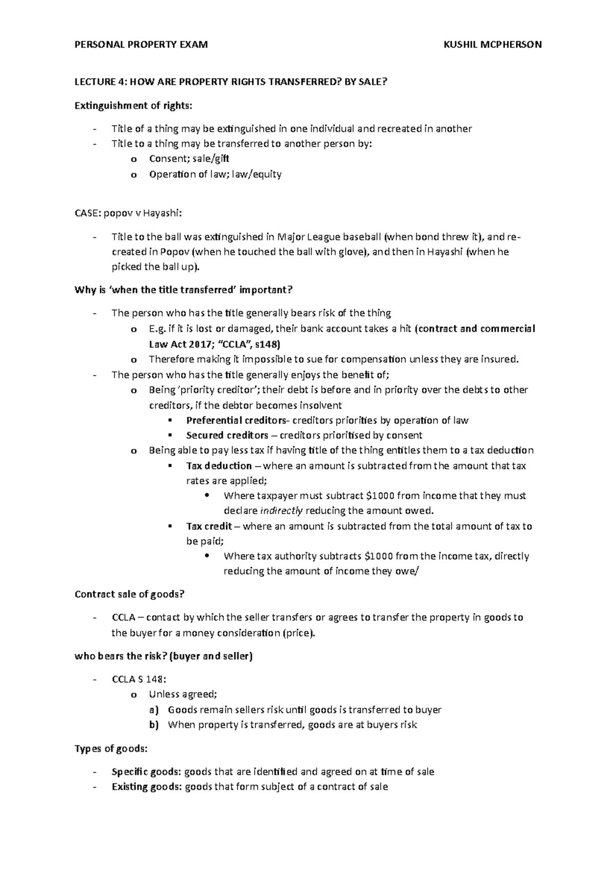 Personal Property Rights: Key Exam Notes for LAW 101 - Studocu