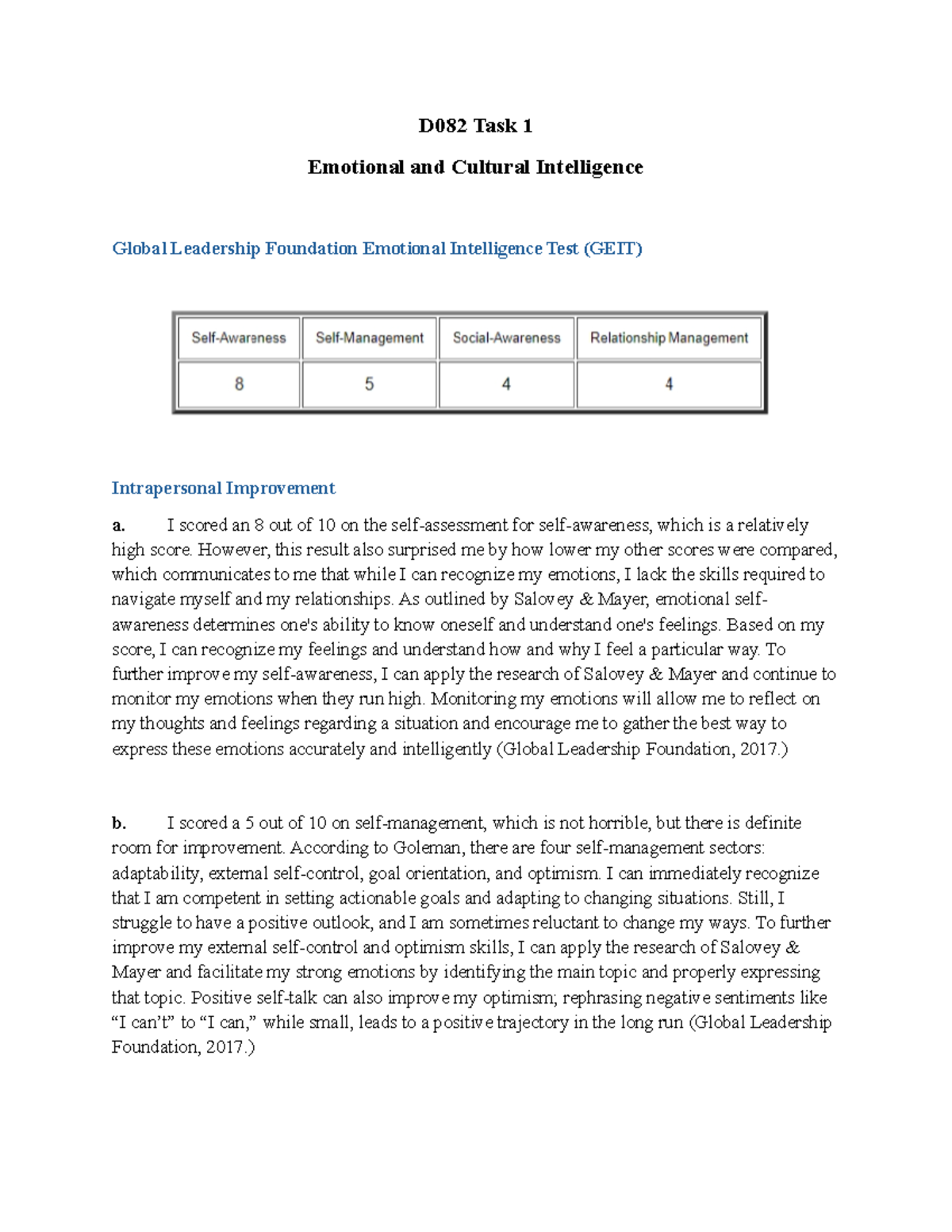 D082 - Emotional and Cultural Intelligence - Task 1 (COMPETENT) - D082 ...