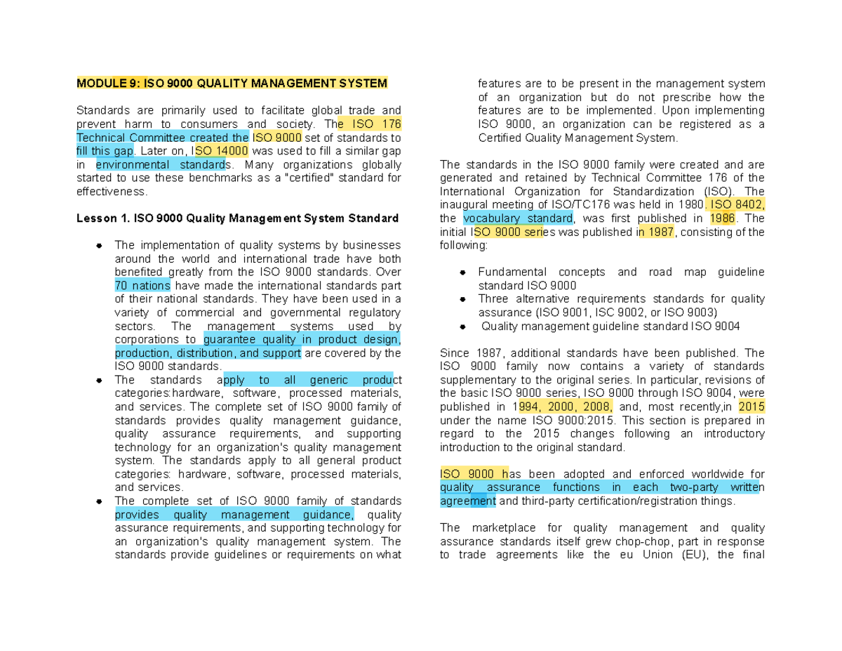 ISO Quality Management System Standards: Module 9 Overview - Studocu