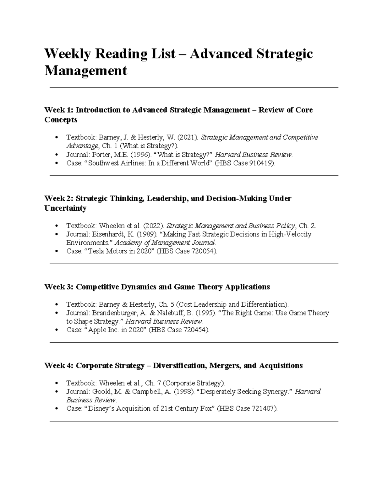 Weekly Reading List for Advanced Strategic Management (ASM) - Studocu