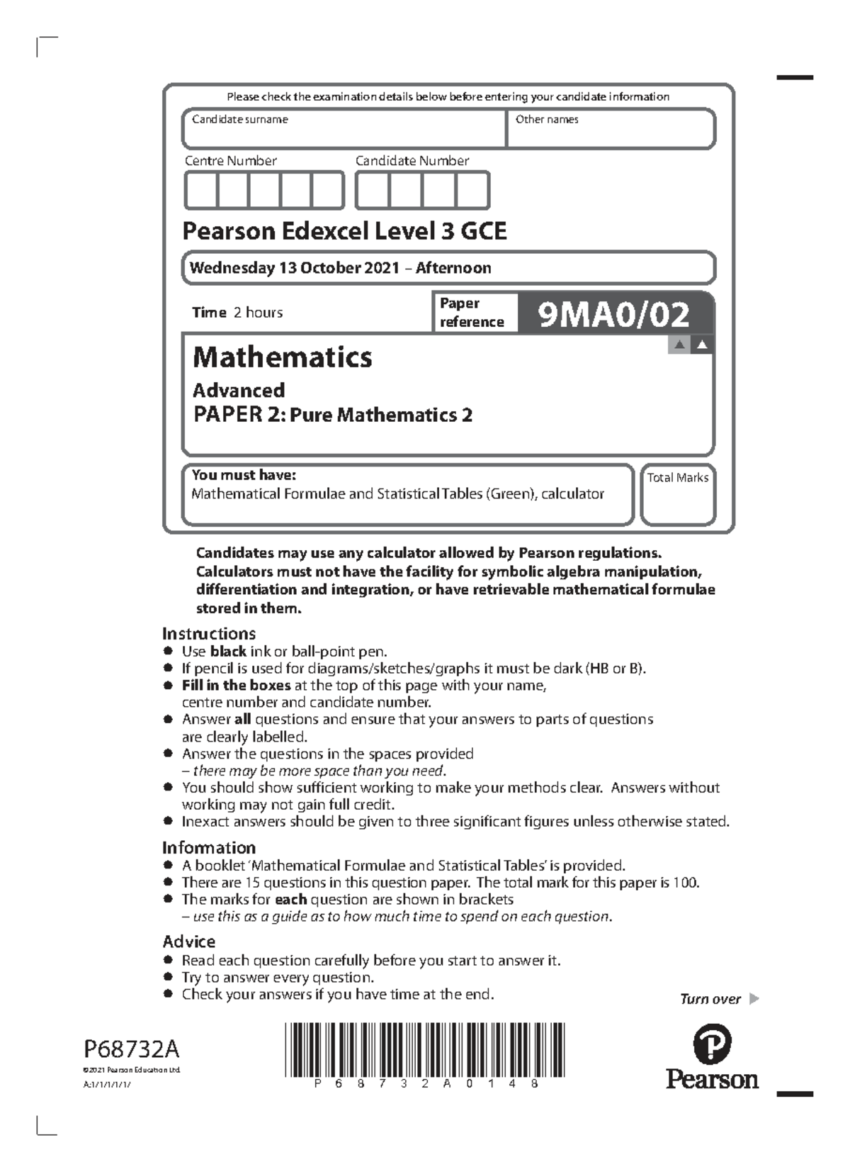 A Level Mathematics Advanced Paper 2: Pure Mathematics 2 - Oct 2021 ...