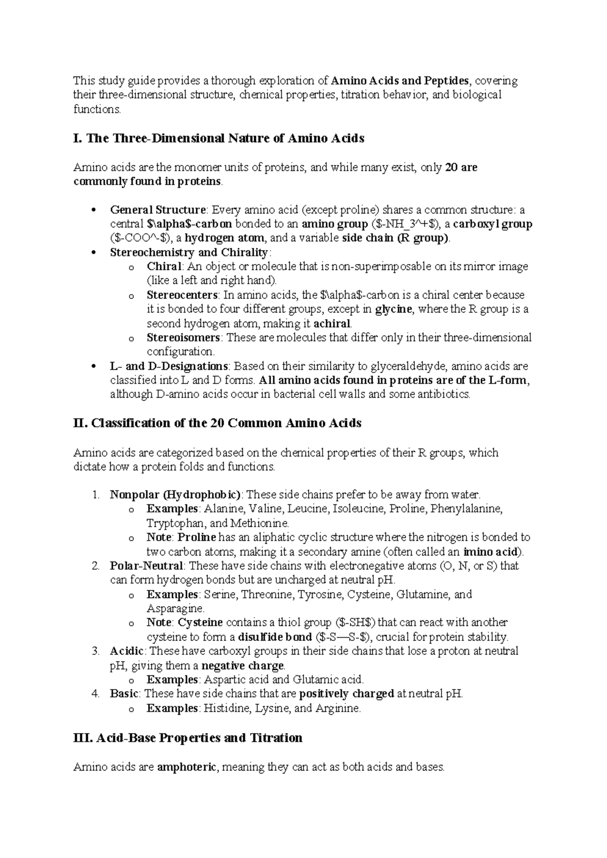 Chapter 3 Summary: Amino Acids & Peptides in Biochem - Studocu