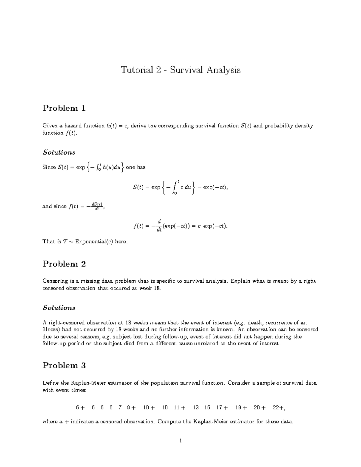 Survival Analysis Solutions Tutorial 2: Key Concepts and Problems - Studocu