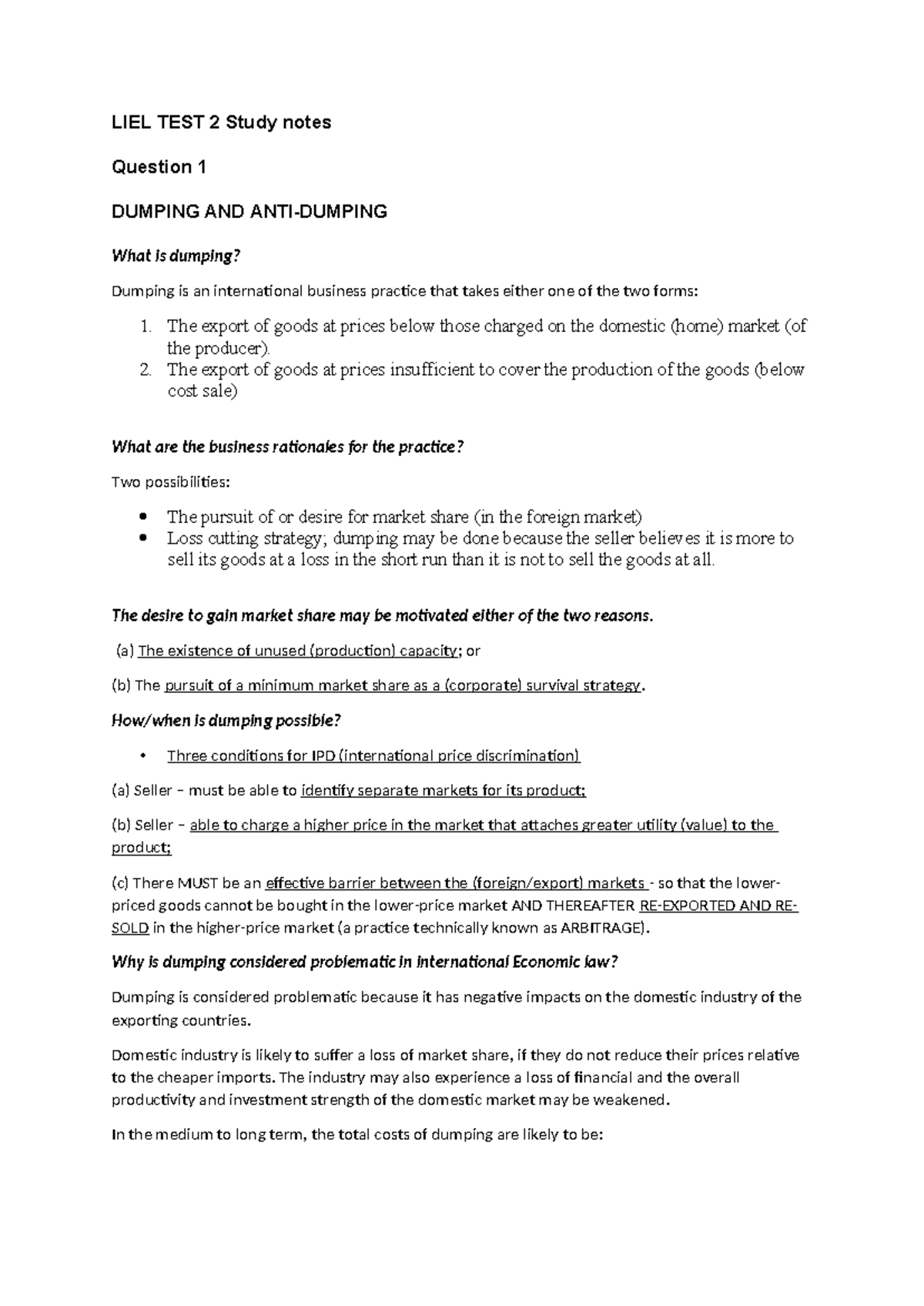 LIEL TEST 2 Study Notes on Dumping and Anti-Dumping Regulations - Studocu
