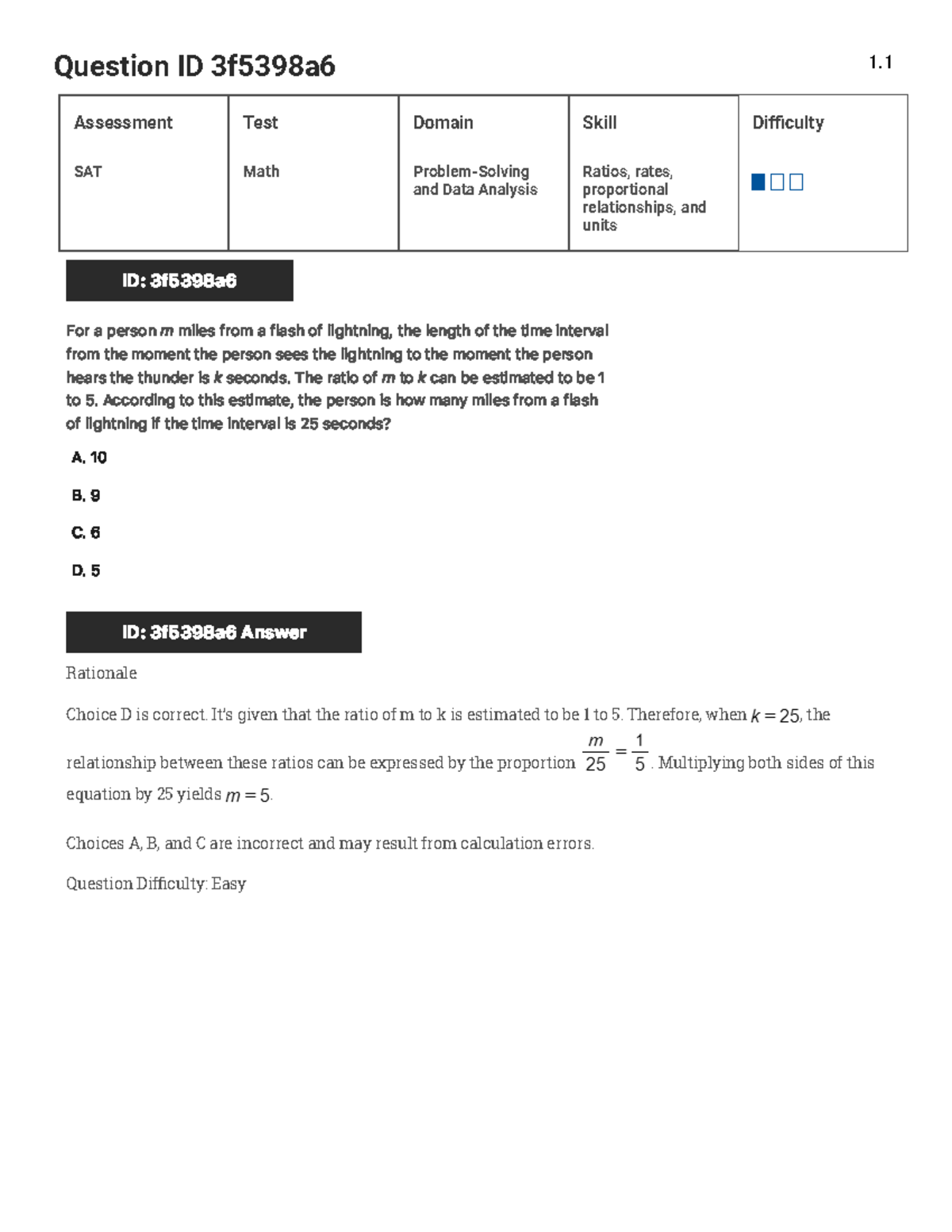 SAT Math & Data Analysis: Ratios, Rates, Proportions, & Units (Level 1 ...