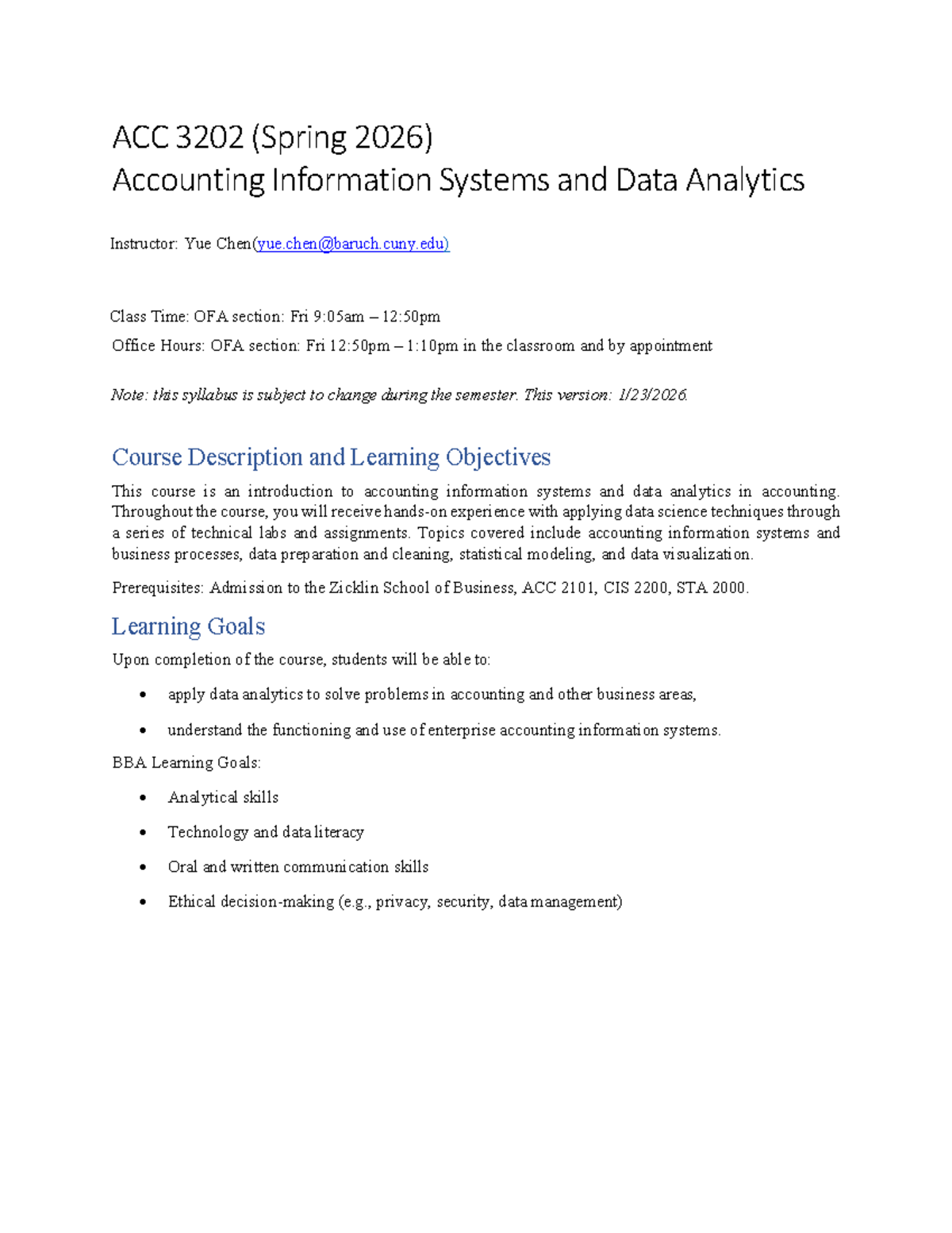 ACC 3202 (Spring 2026) Syllabus: Accounting Info Systems & Data ...