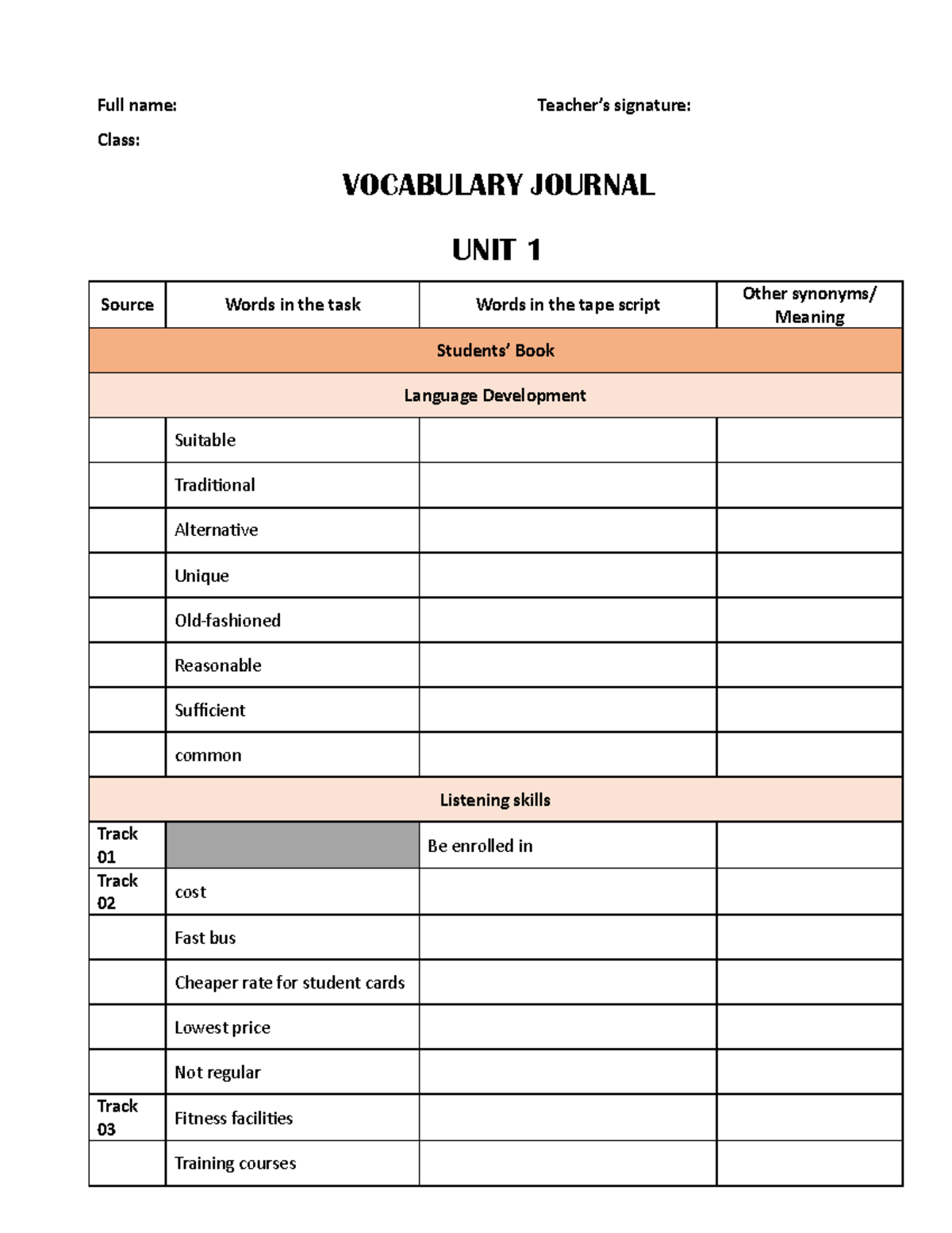 ESPD B1 Intensive Listening Vocabulary Journal: Units 1-10 - Studocu