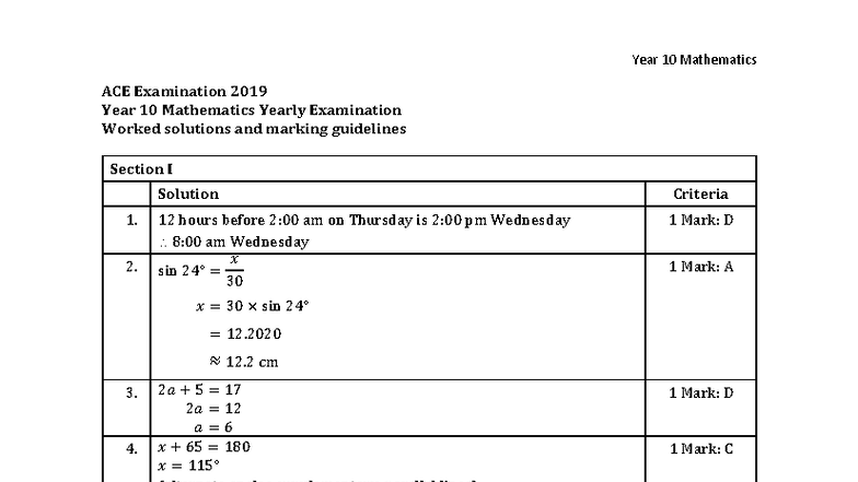 2019 SGHS Year 10 Mathematics ACE Exam Solutions and Guidelines - Studocu