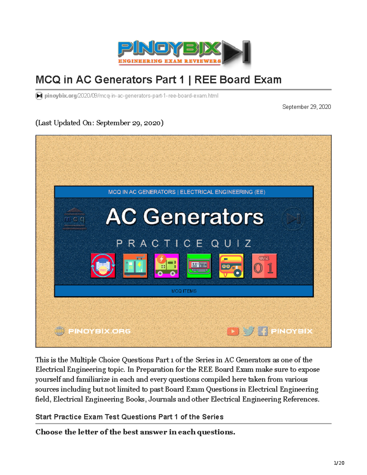 MCQ Practice Exam 2020: AC Generators Part 1 | REE Board Exam - Studocu