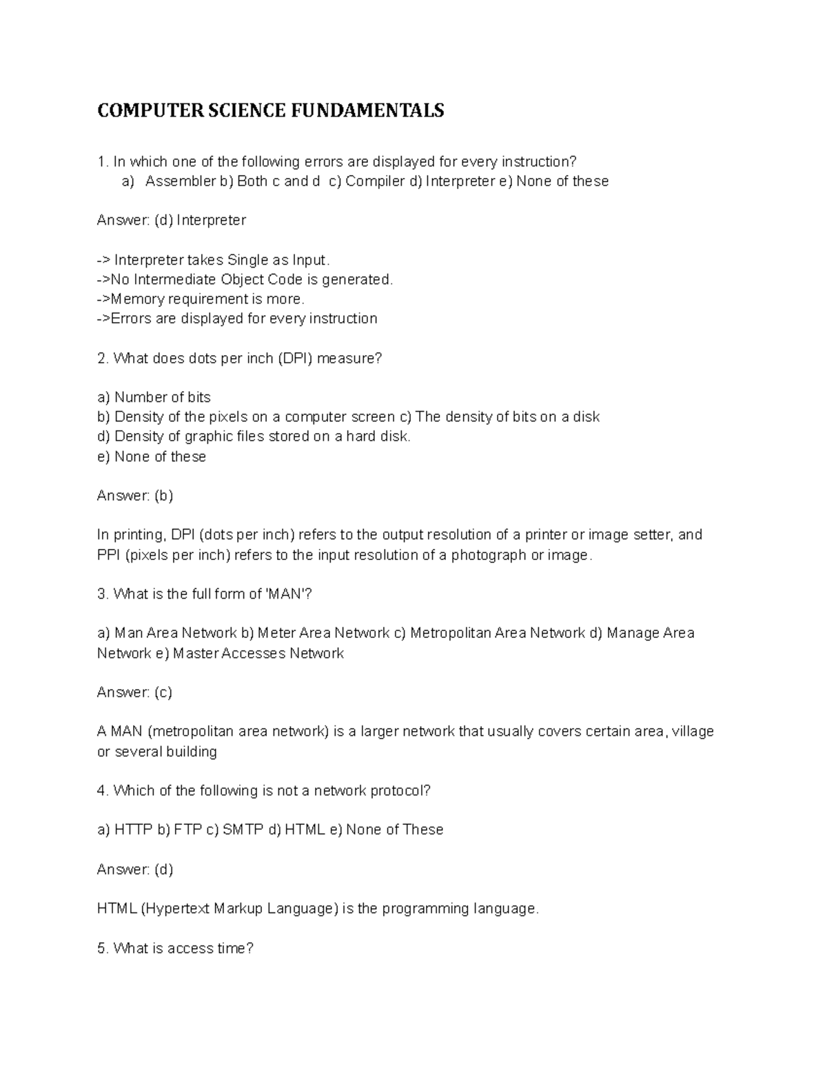 Computer Science Fundamentals _ MCQs with Answers - Part 1 Review - Studocu