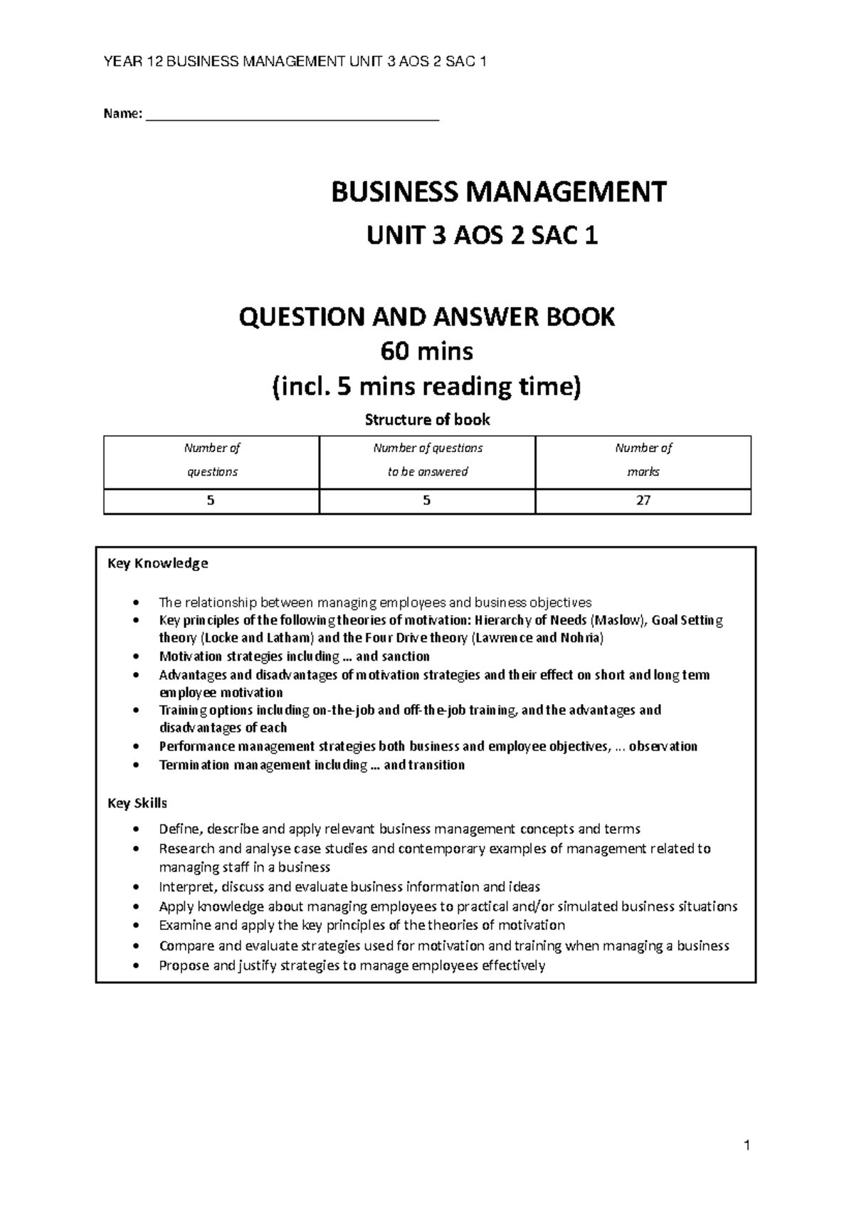 YEAR 12 BUSINESS MANAGEMENT UNIT 3 AOS 2 SAC 1 Practice Questions and ...
