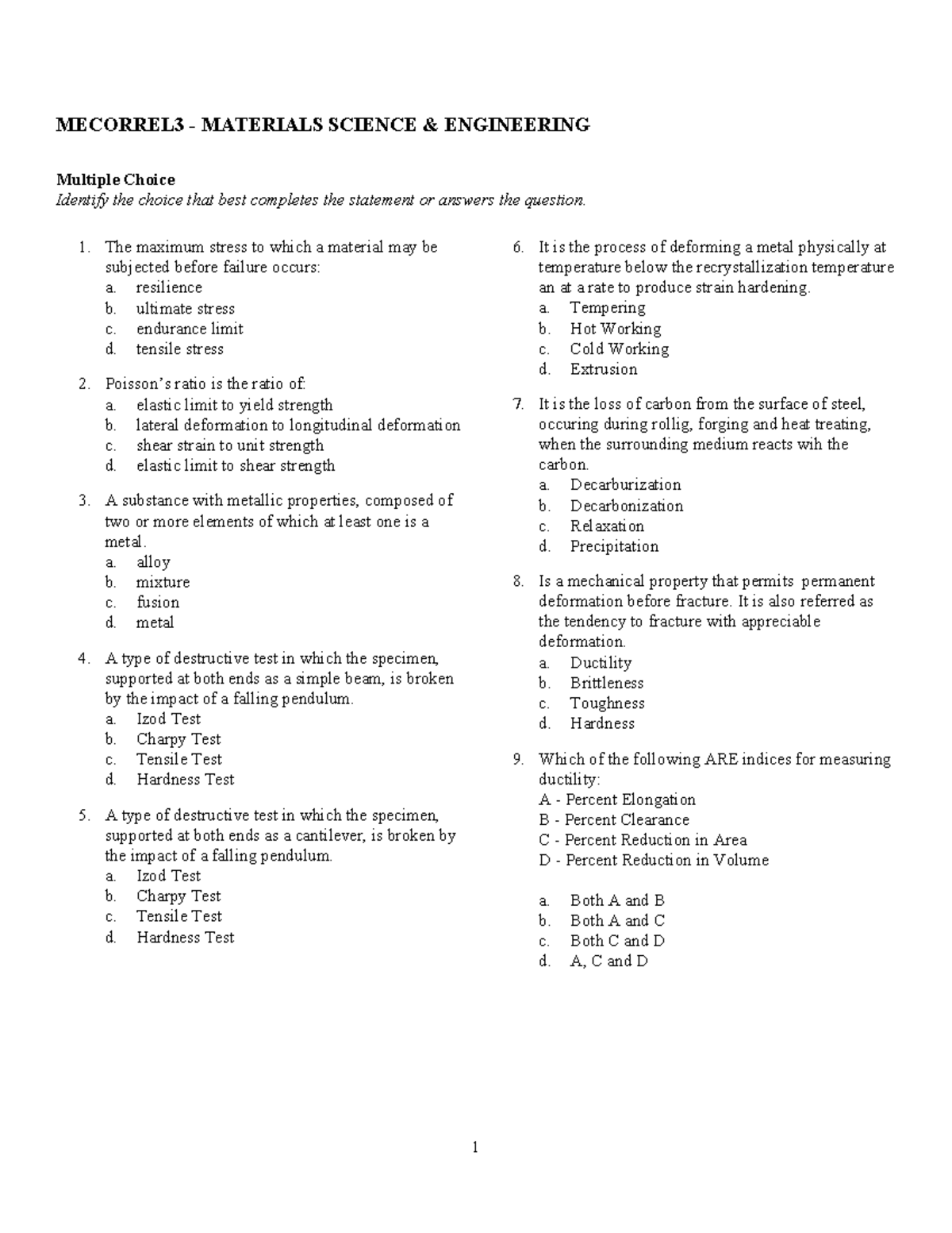 MECORREL3 MATERIALS SCIENCE ENGINEERING Multiple Choice Questions - Studocu