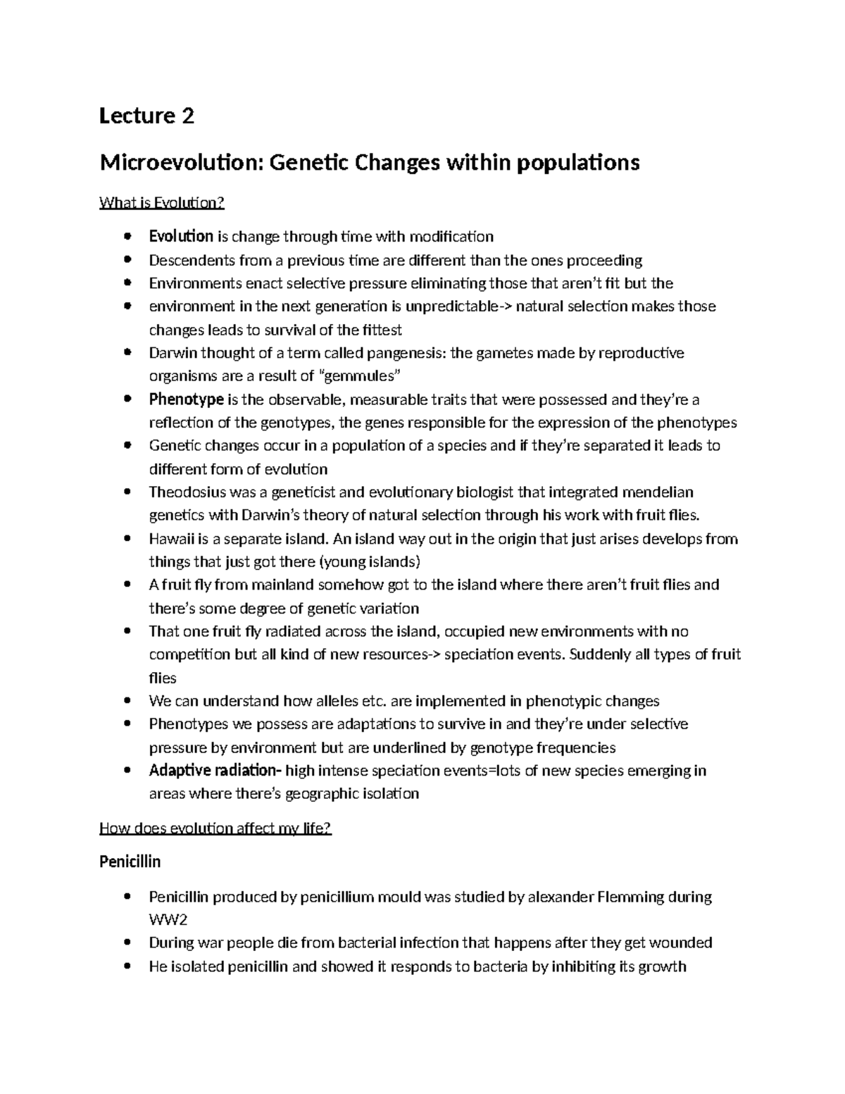 Lecture 2: Microevolution - Genetic Changes in Populations - Studocu