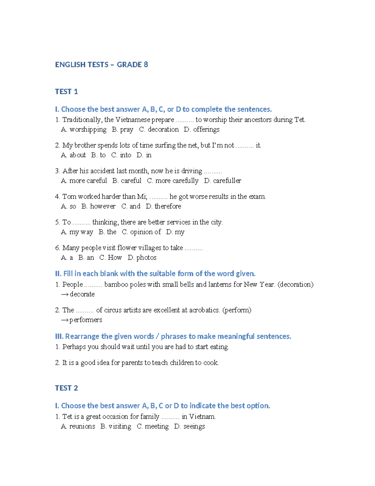English Tests Grade 8 - Test 1 & 2 Review - Studocu