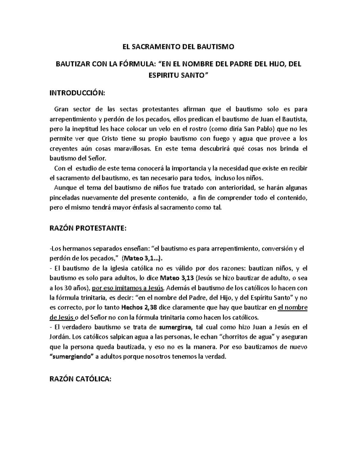 EL SACRAMENTO DEL BAUTISMO Y SU IMPORTANCIA EN LA FE CATÓLICA - Studocu