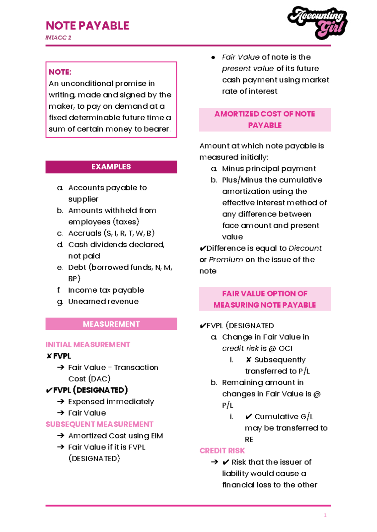 Notes Payable - NOTE PAYABLE INTACC 2 NOTE: An unconditional promise in ...