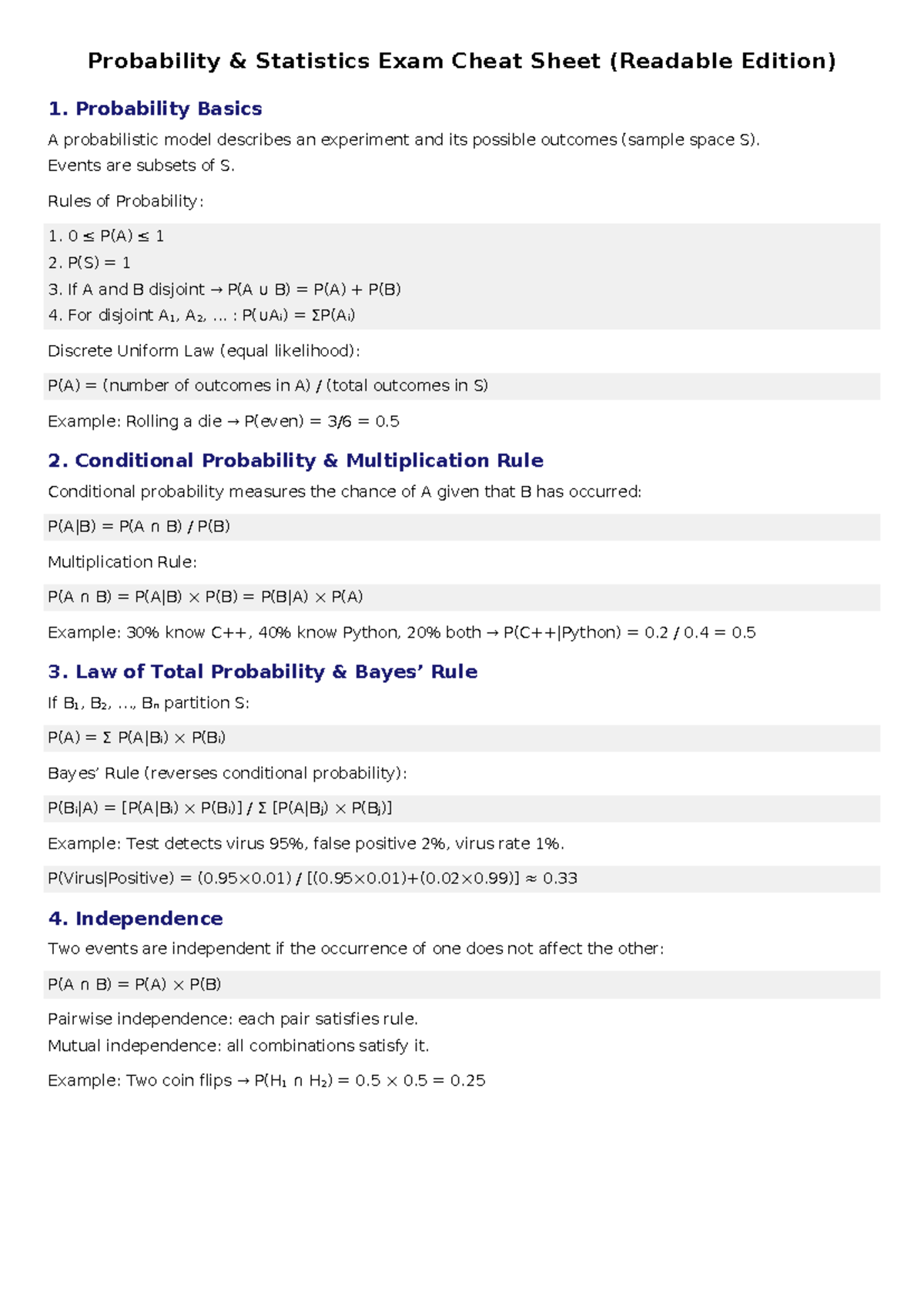 Probability Statistics Exam Cheat Sheet (Readable Edition) - Studocu